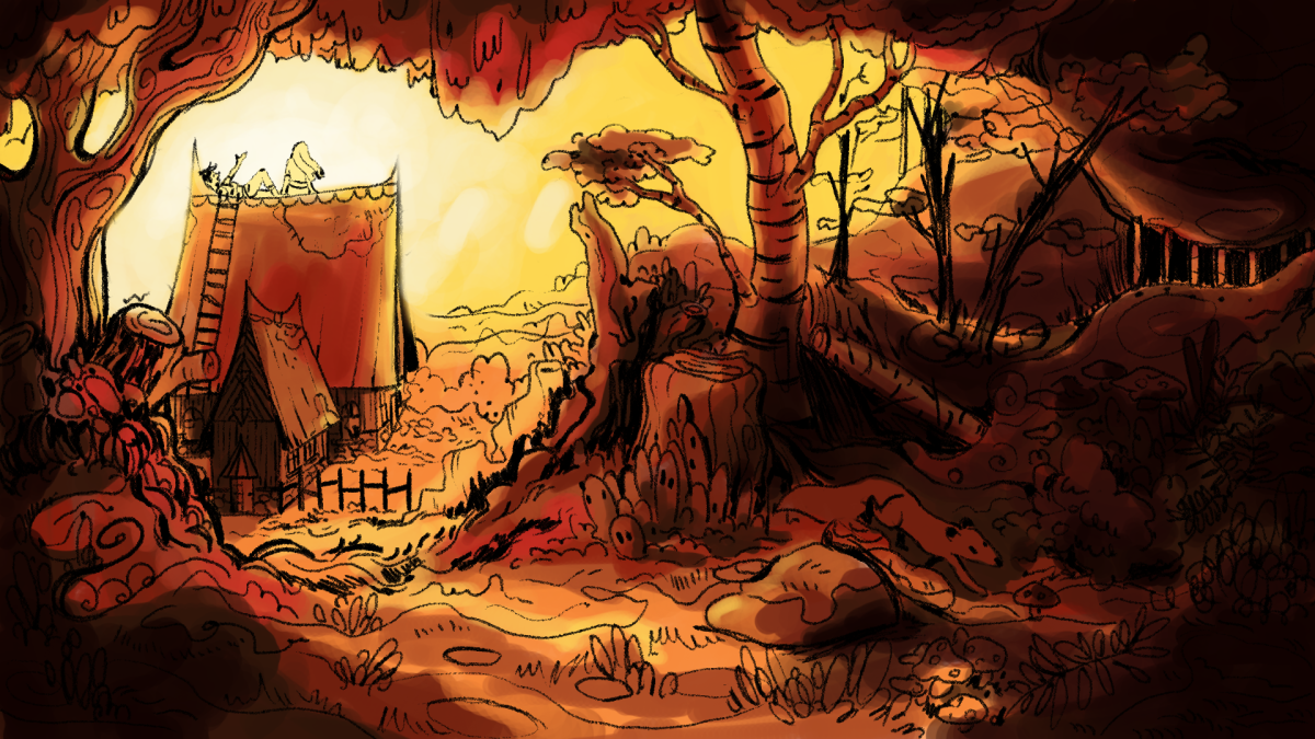 A drawing of a house in a forest. 