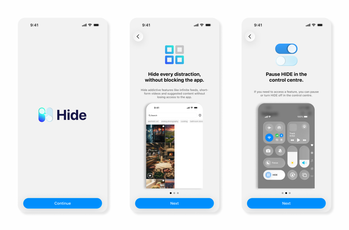 Onboarding screens for HIDE app.