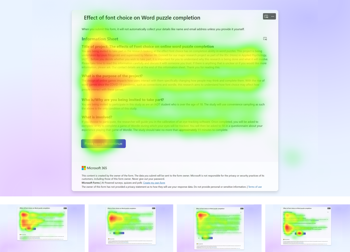 a series of heat maps showing where peoples eye looked on an information sheet, red clusters are around the headings of each section  
