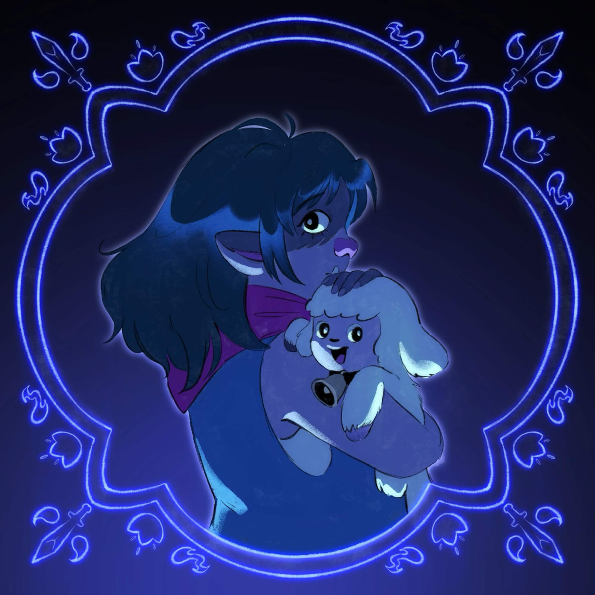 a drawing of a fantasy orc girl holding a baby lamb
