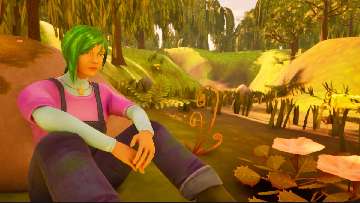 A 3d render of Edwina in gardening clothes sitting in a clearing in a forest, plants and flowers surrounding her.