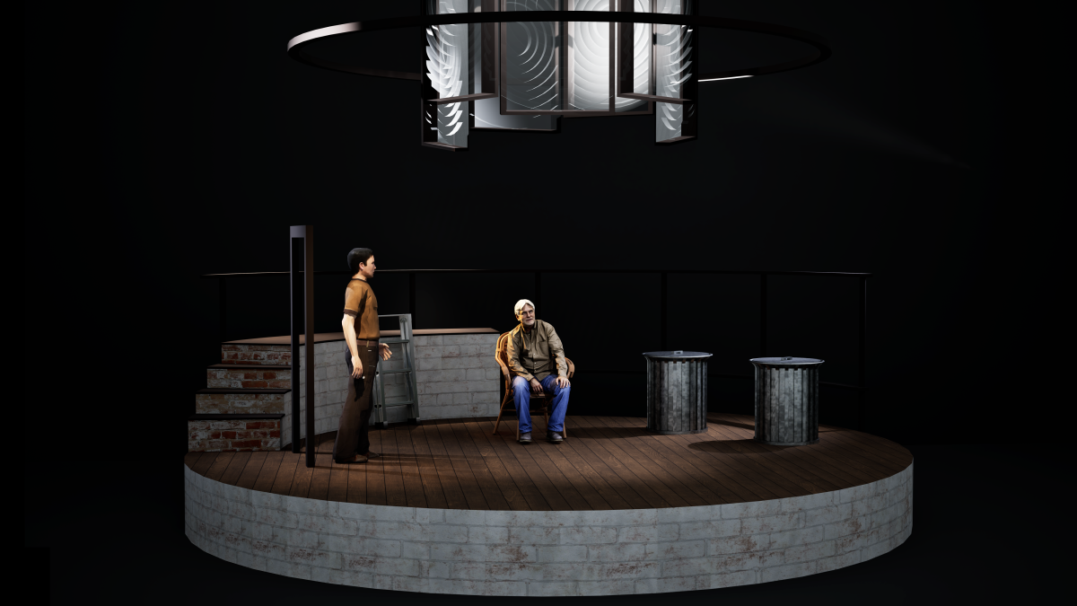 Digital render of a stage. A man sits on a chair in the middle, another man stands beside him facing him.