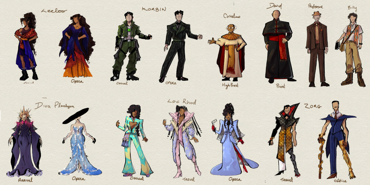 Line up of character designs for The Fifth Element