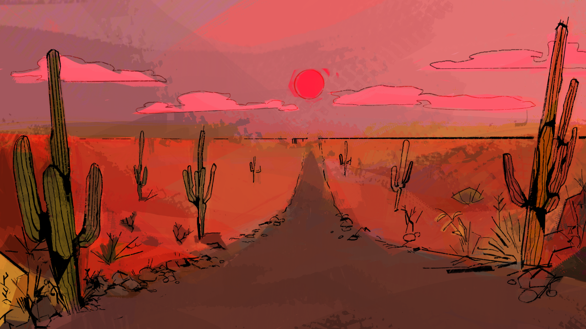 A background featuring a road surrounded by cactuses