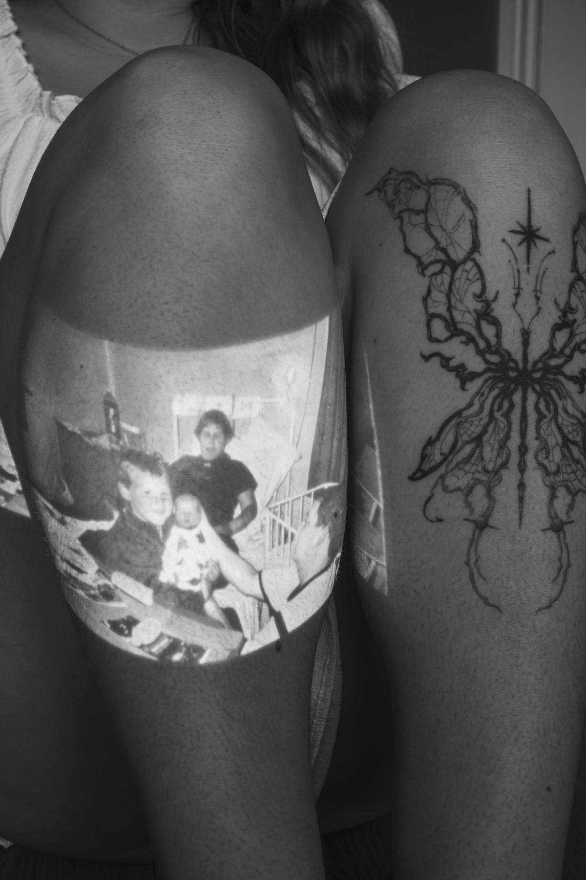 image projected onto artists leg