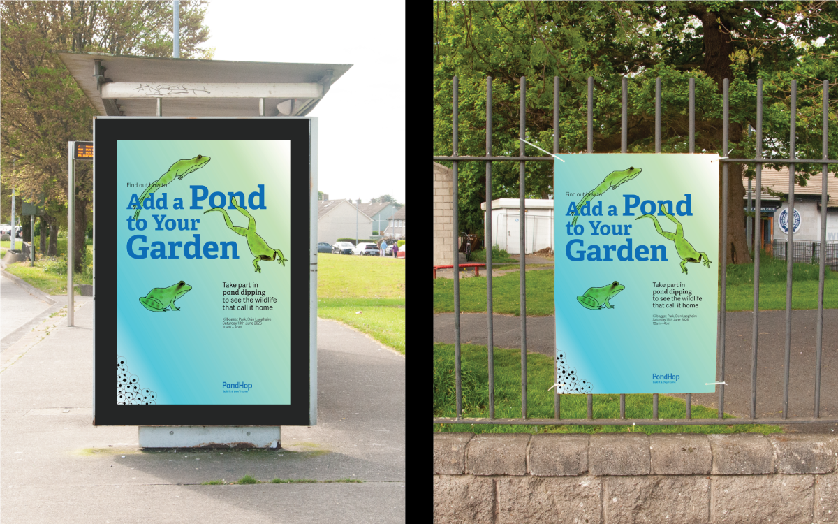 PondHop poster at a bus stop and cable tied to a railing outside the park