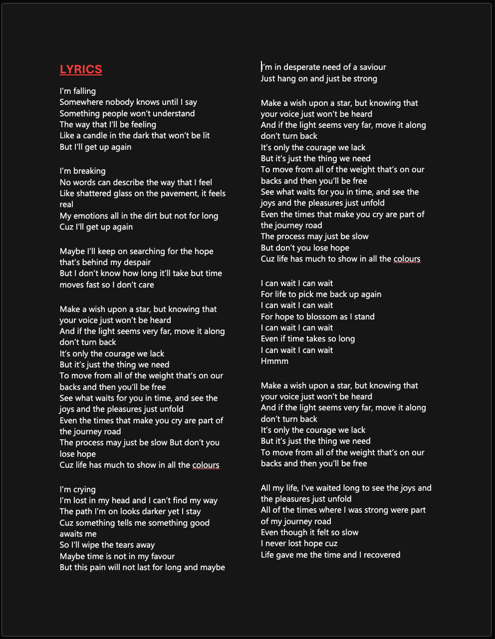 All The Colours Lyrics