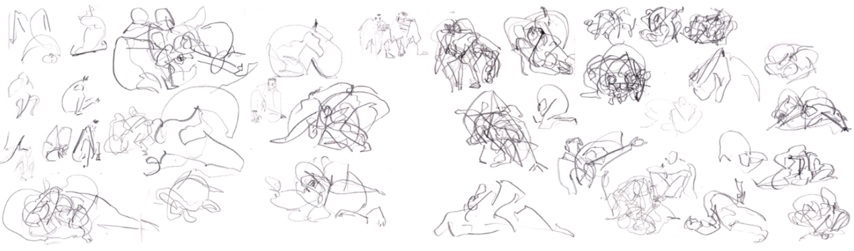A selection of blind drawings of BJJ sparring practice.