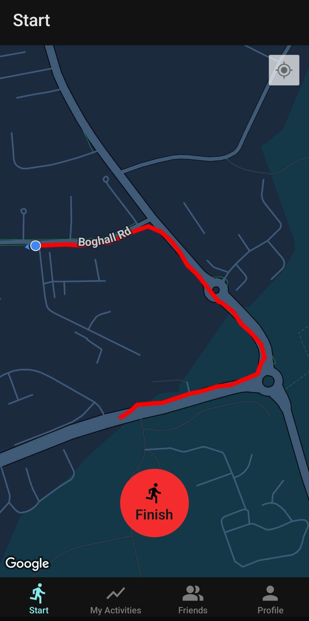 A screenshot of the map view - a marker showing the user is followed by a red trail representing the route they walked