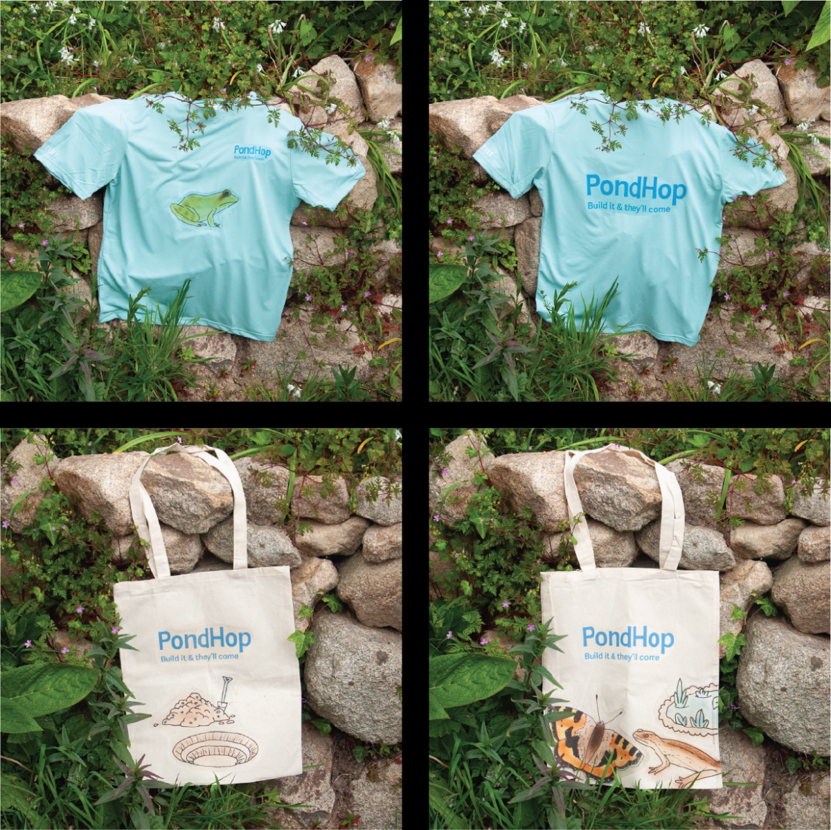 PondHop staff t-shirt (front and back) and participant gift tote bag (front and back) containing the PondHop booklet