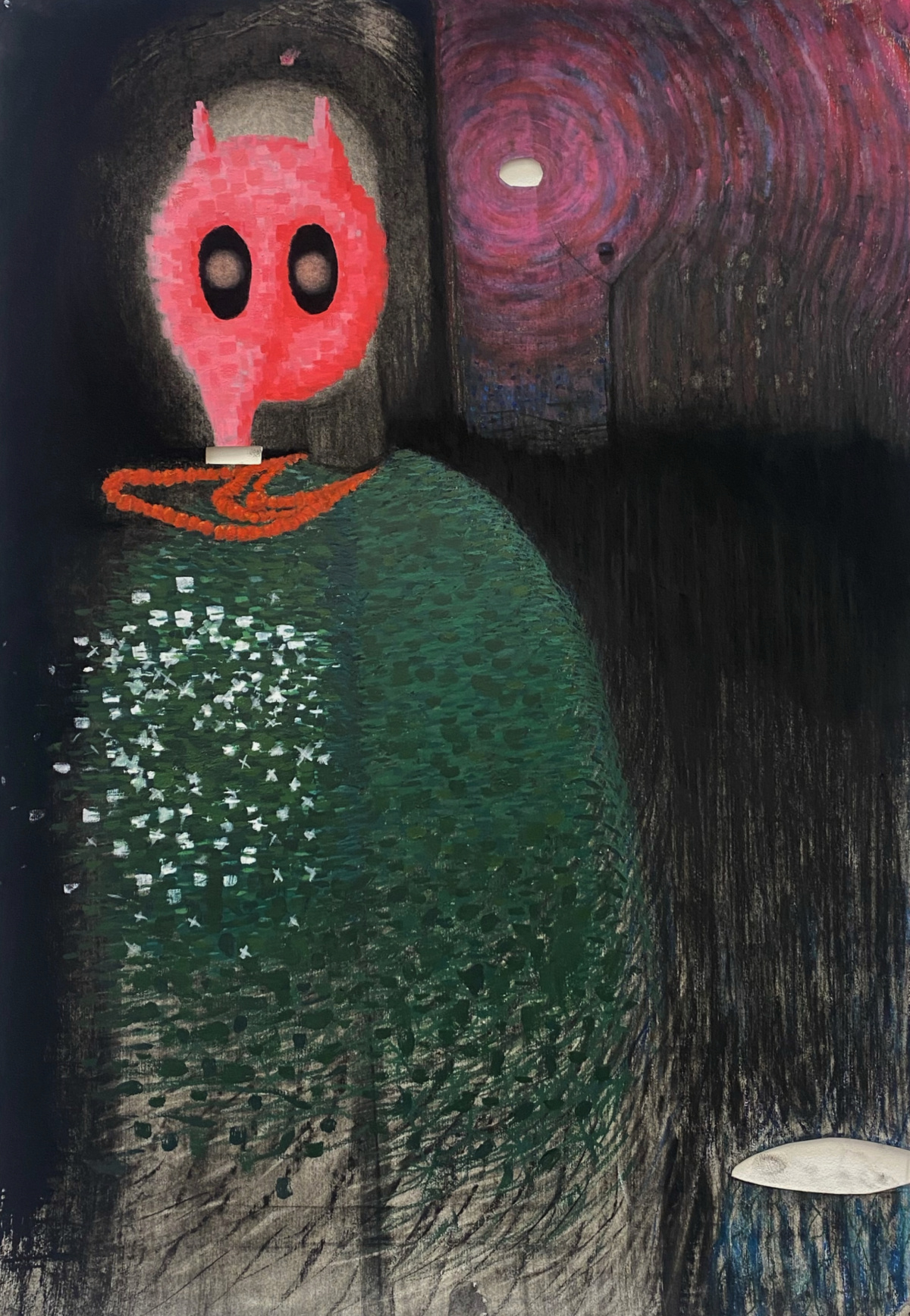 A figure wearing a hawthorn cloak and and amber necklace being blown in the wind.