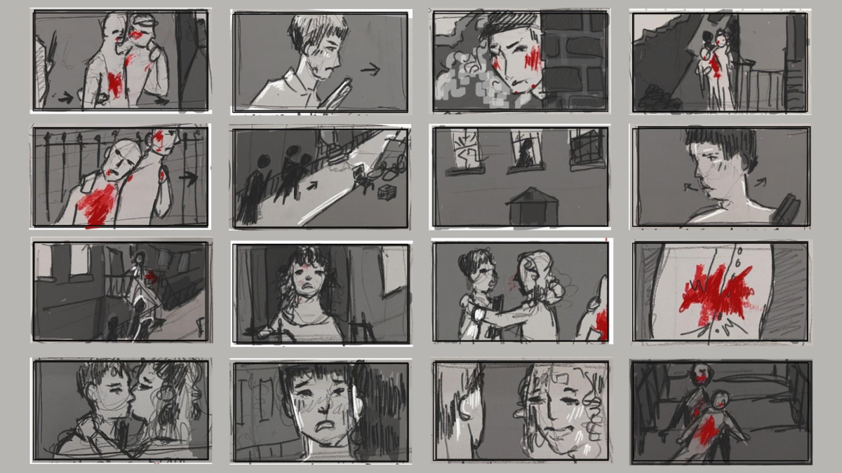 16 storyboard drawings in 16:9 ratio, drawn in a mix of digital and pencil, in greyscale with dashes of red. Three man covered in blood walk onto a street; a woman bursts out of a house and embraces one of the characters, while the other two - one bleeding severly - collapse onto stairs.