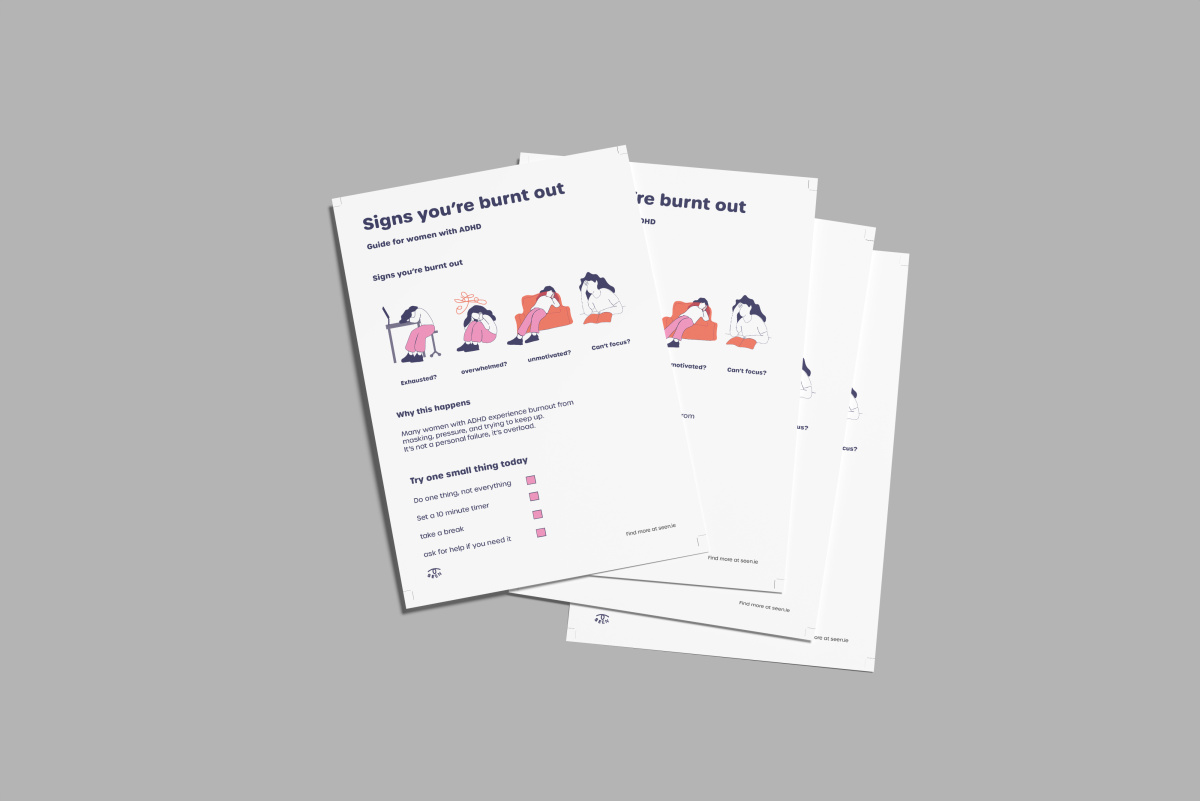 Printed informational guide featuring ADHD burnout awareness illustrations, symptoms, and supportive coping tips for women.