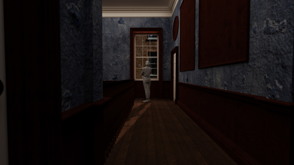 Digital render of a long hallway leading towards a large window. A woman stands in front of the window.
