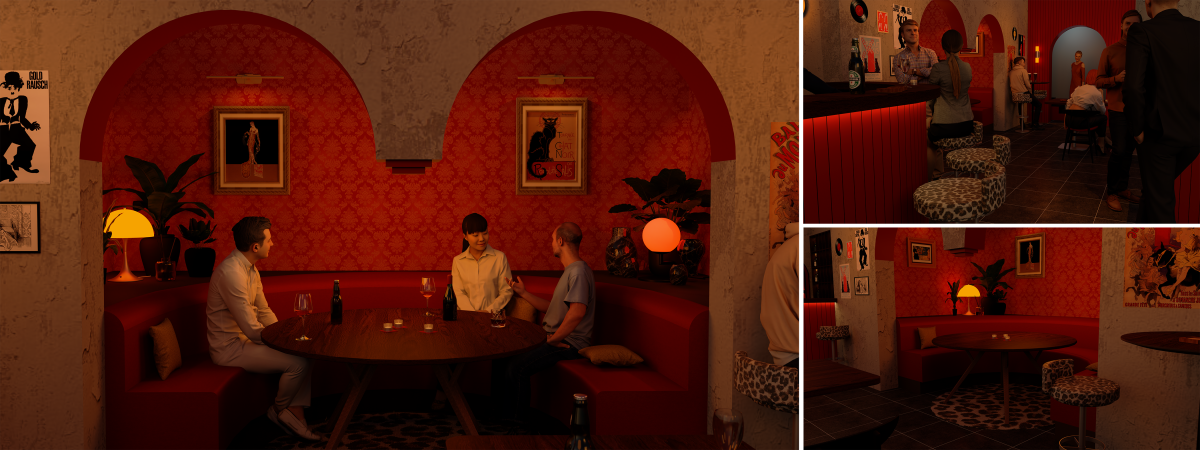 3 images of a digital render. The leftmost one is of an alcove in a bar with red walls and stone arches. Top right is a view of the entrance of bar, a red bar visible on the left forefront. Bottom right is the same alcove, but viewed at an angle, with nobody sitting there.
