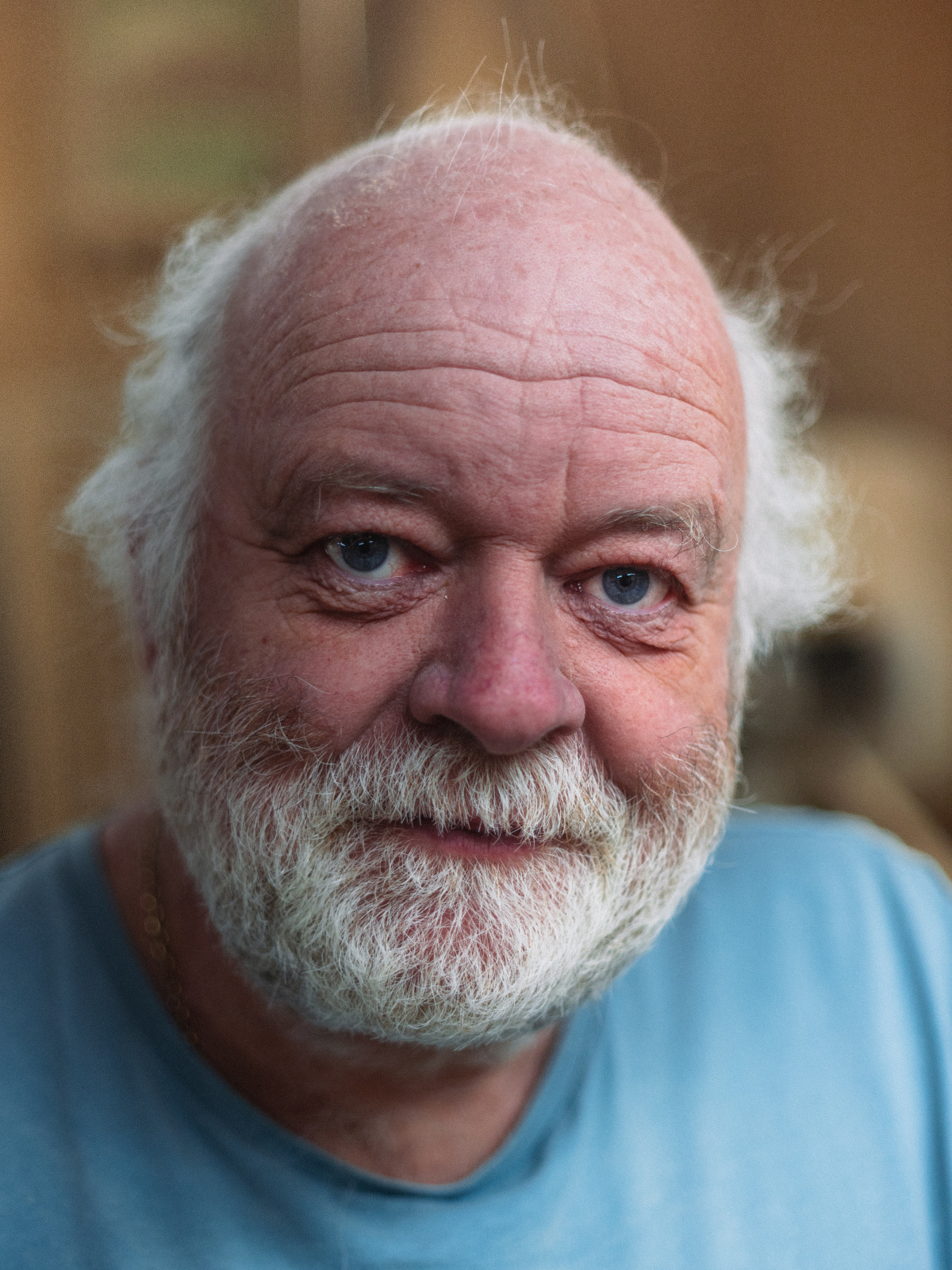 Portrait of a Grey haired man in blue shirt