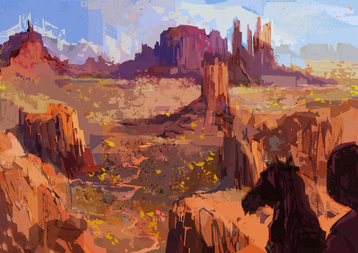 Concept art of a cowboy on a horse looking over a prairie