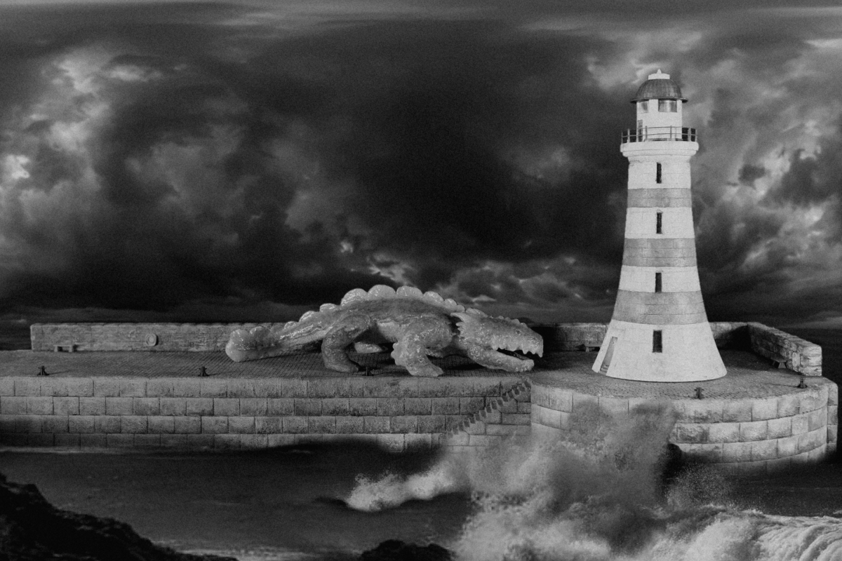 This is a rendered black and white image of the Dredger on the pier.