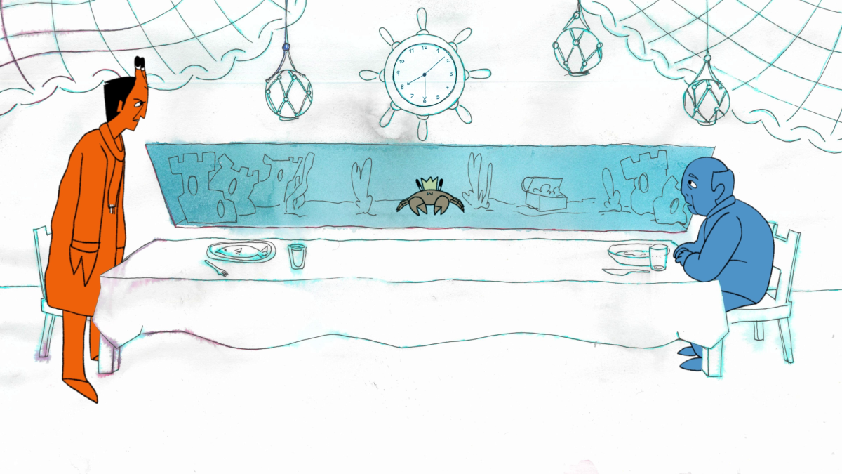 David stands as a half crab man in front of his father 