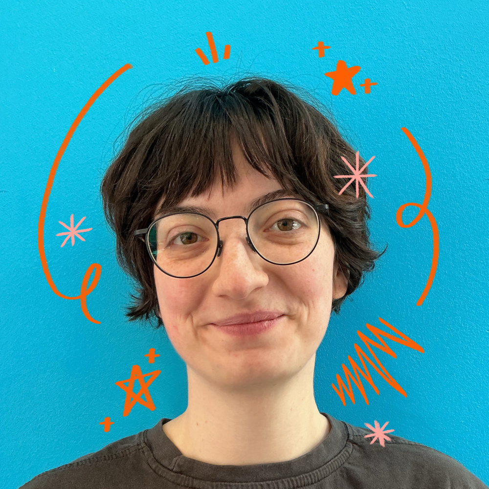 Profile picture of production design student smiling, with illustrated doodles bordering the image.