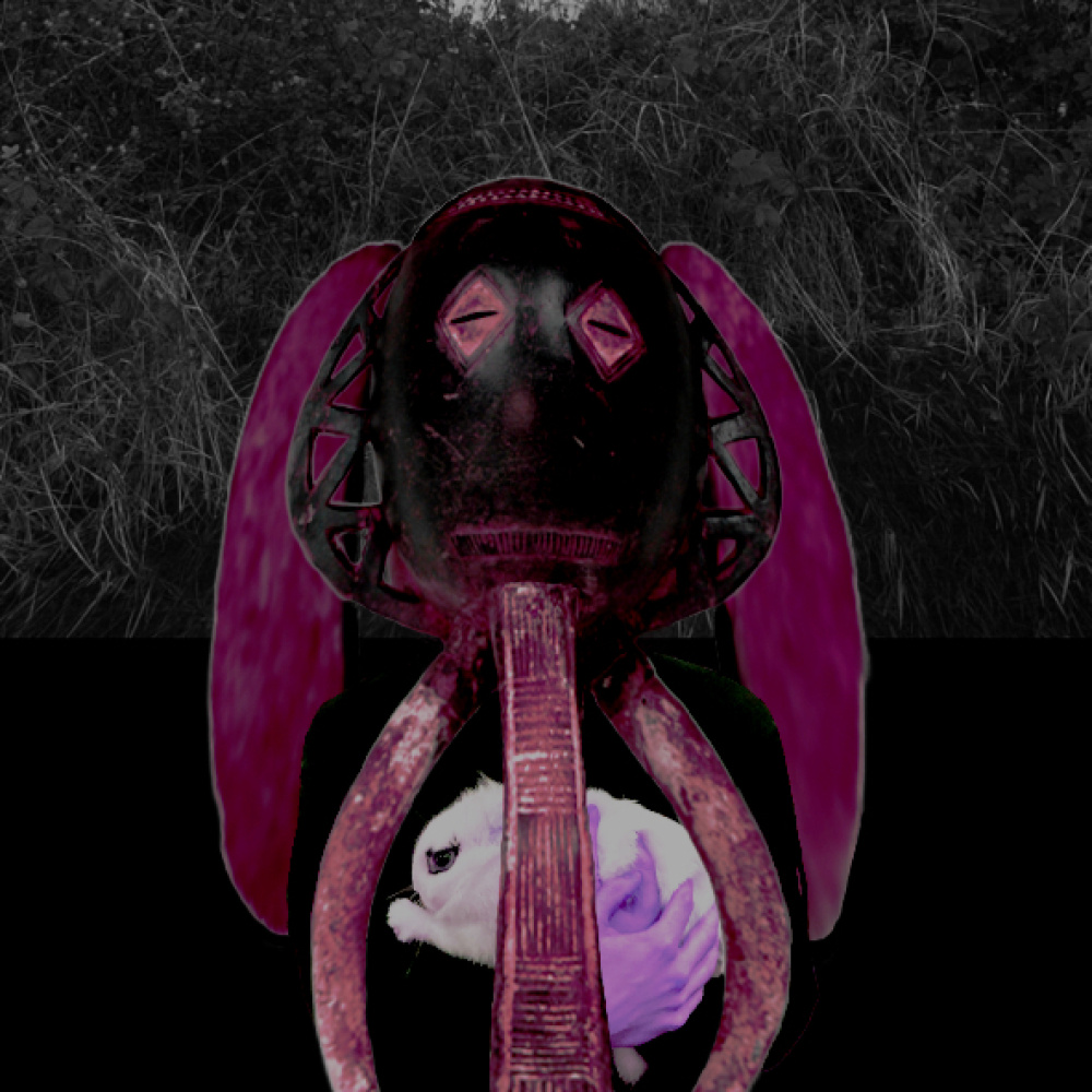 Milo O'Driscoll wearing a (digitally edited) Baule Klolo Mask, holding a rabbit.